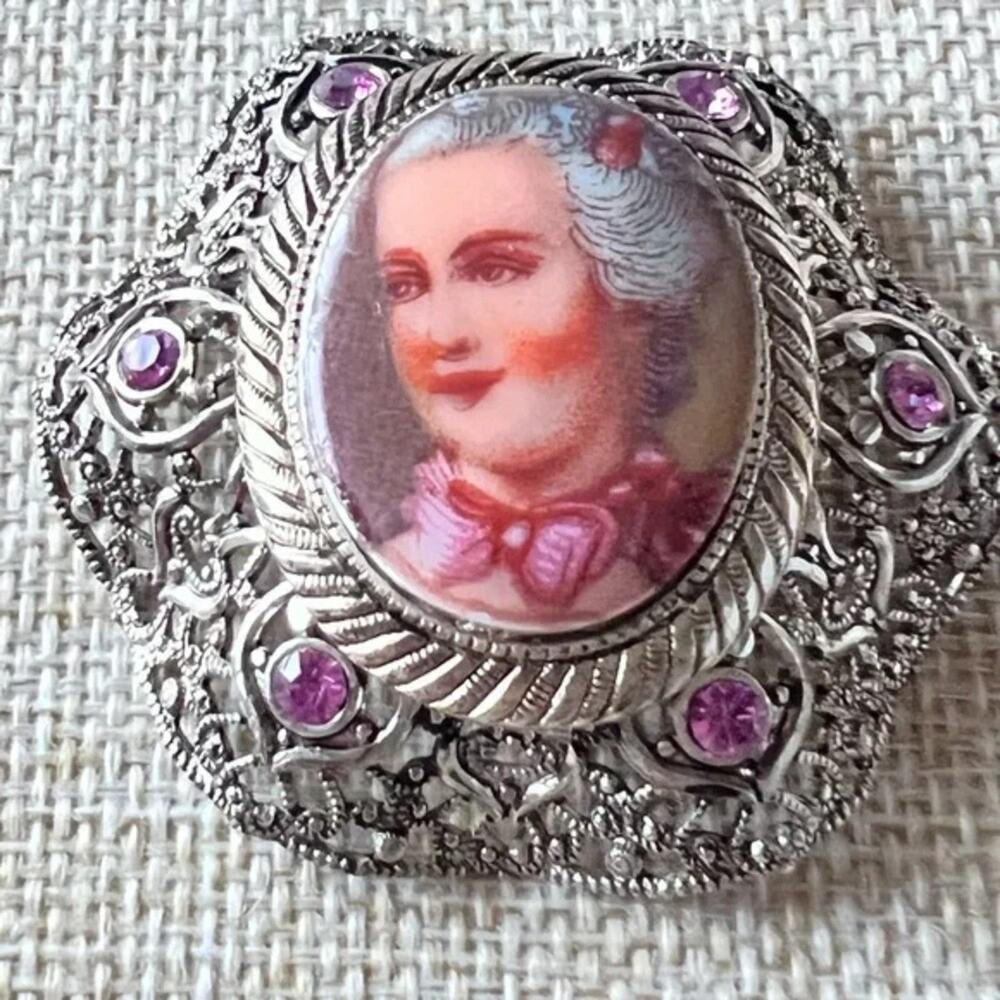 Vintage West Germany Victorian Portrait Brooch Filigree Crystal Hand Painted